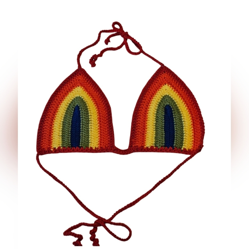 Handmade Crochet Crop-Top Rainbow Colors Deep V Swimming Cover-up top Colorful - Picture 10 of 17
